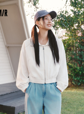 森马外套女春短款白色宽松明线衣服2026新款小个子酷飒风百搭夹克