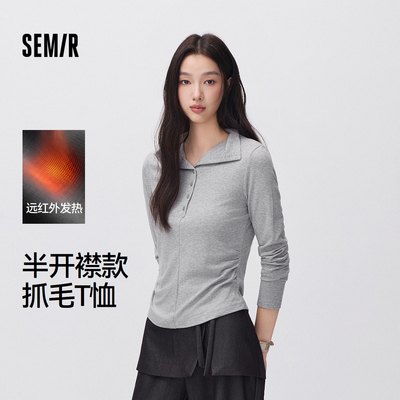 森马发热抓毛半开襟长袖T恤女