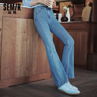 森柔牛仔 时尚 森马牛仔裤 显腿长秋显瘦拼接喇叭裤 百搭 女高腰长裤