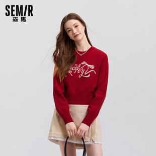 森马毛衣女短款蝴蝶结少女感毛衫2025新款春季圆领套头红色针织衫