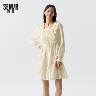 森马连衣裙女荷叶边蝴蝶结长裙2026春季 小个子方领肌理裙子潮 新款