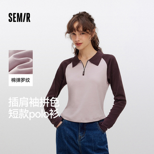 女短款 上衣显瘦 商场同款 修身 秋季 拼色插肩袖 森马POLO衫 2025新款