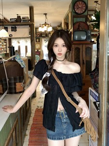 美依工作室 微胖 定制夏季一字肩显瘦显高设计感衬衫蕾丝上衣