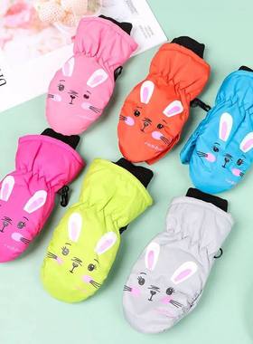 Kids Winter Ski Gloves Cartoon Rabbit Warm Mittens Non-slip