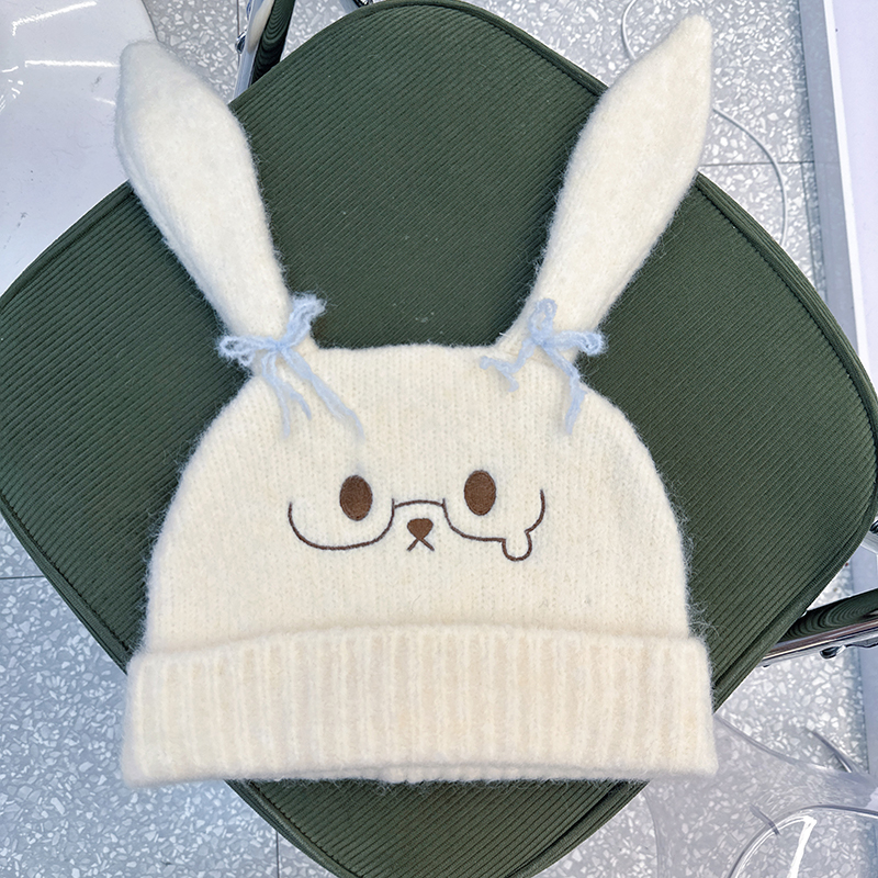 韩国代购东大门早秋新款眼镜兔子蝴蝶结针织帽百搭保暖加厚毛线帽