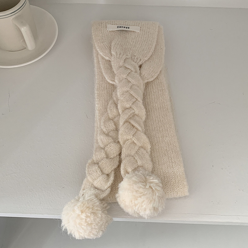 韩国代购东大门2025冬季新款麻花毛球细窄长条围巾女保暖防寒围脖