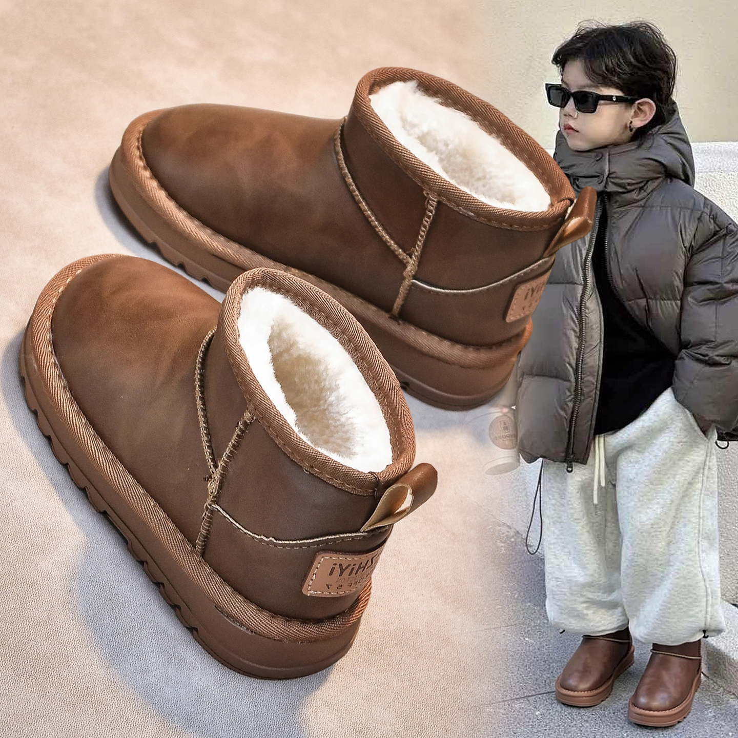 2025冬儿童加绒皮面耐脏雪地靴