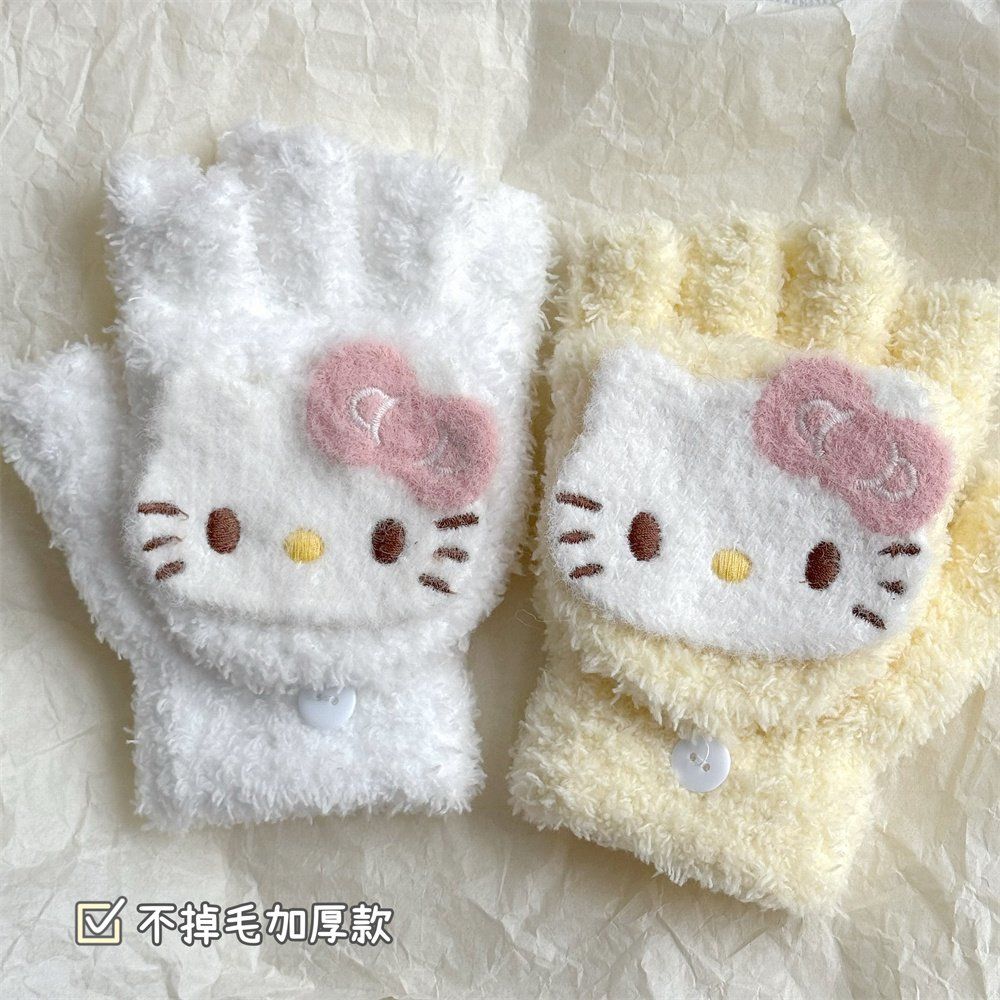 冬季新款kitty翻盖珊瑚绒手套女学生漏指触屏写字办公全包两用