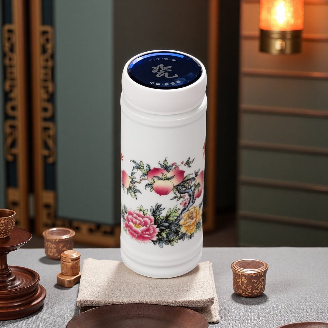 文韵富贵长寿蟠桃保温杯景德镇文韵