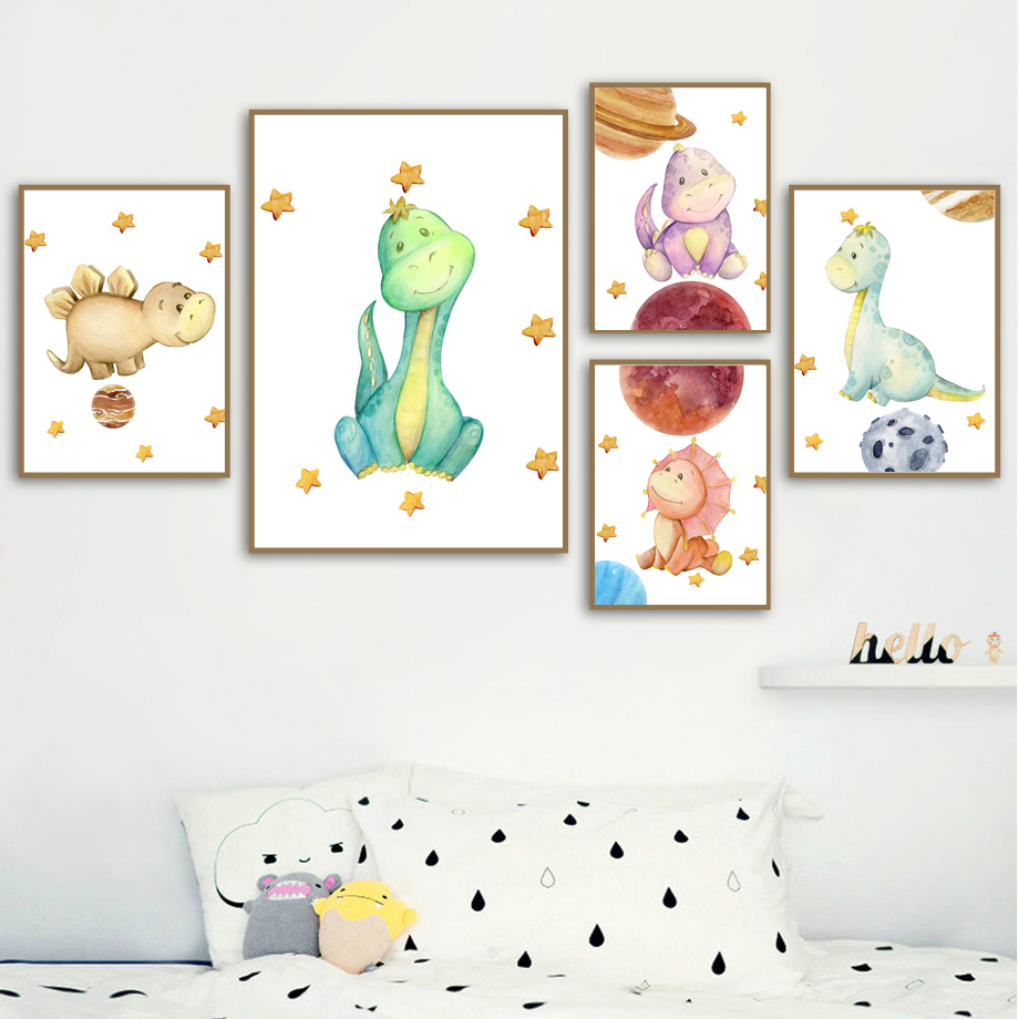 儿童房装饰画可爱恐龙卡通幼儿园床头壁画小男孩卧室房间布置挂画