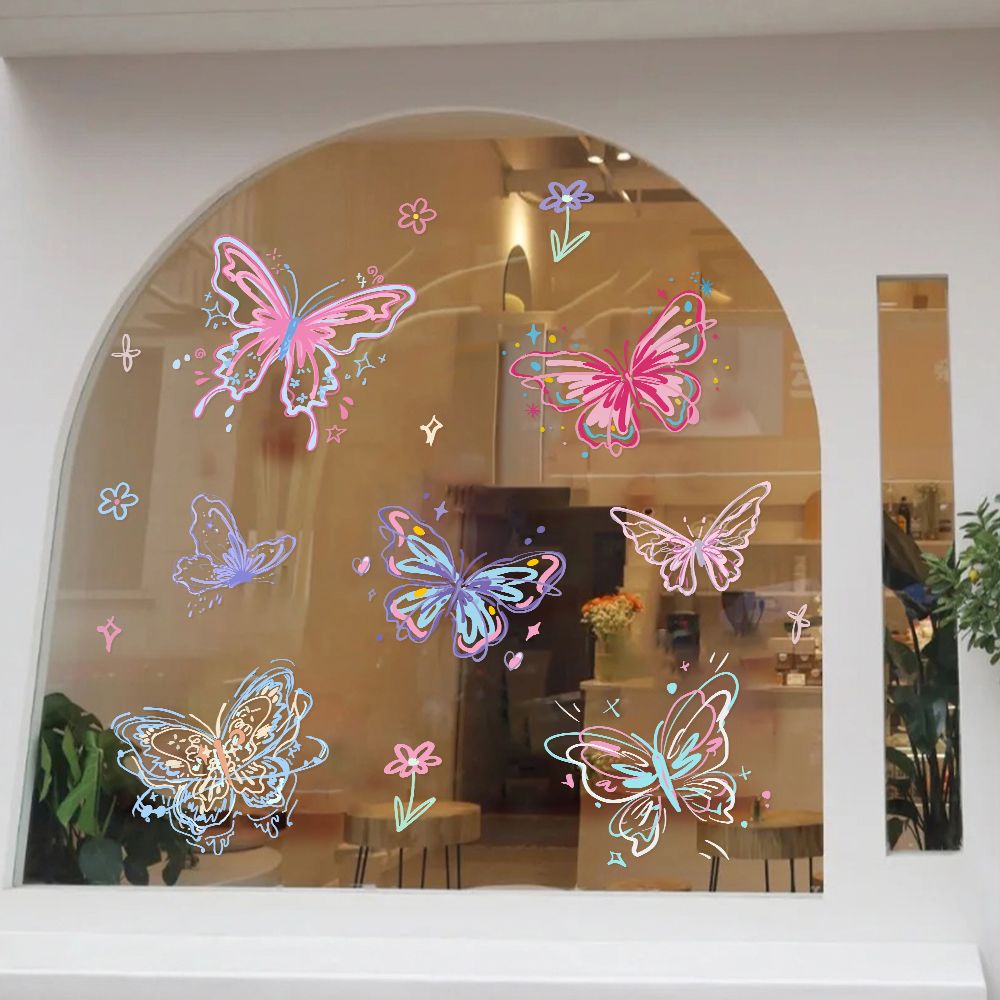 ins风蝴蝶玻璃门贴纸可爱卡通奶茶餐厅网红店橱布置窗花静电贴画