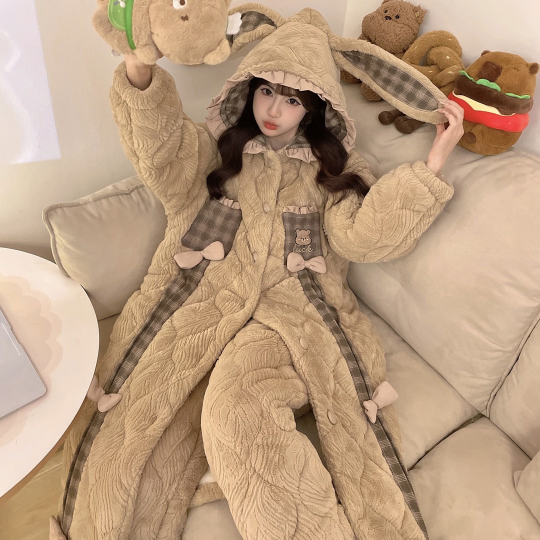 H621咖色冬季新款袍套睡衣女士三层加厚加绒夹棉睡衣套装可外穿