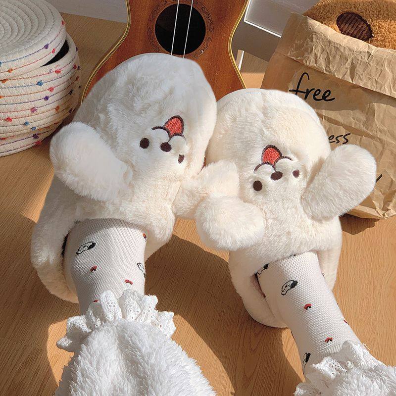 线条小狗拖鞋网红可爱棉拖鞋女冬季男女情侣外穿家居防滑厚底加绒