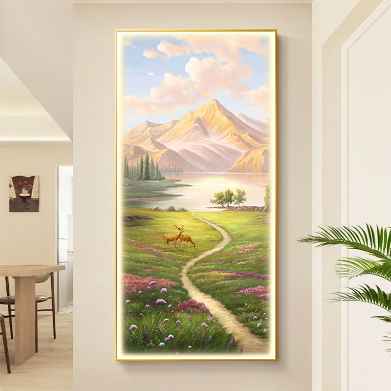 led灯轻奢入户玄关装饰画挂画带灯壁画奶油风竖版走廊过道装饰画