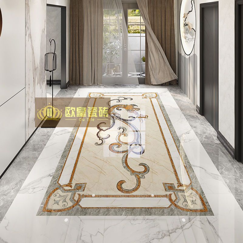 新中式龙形图案造型地砖别墅门厅入户玄关客厅拼花瓷砖800x800