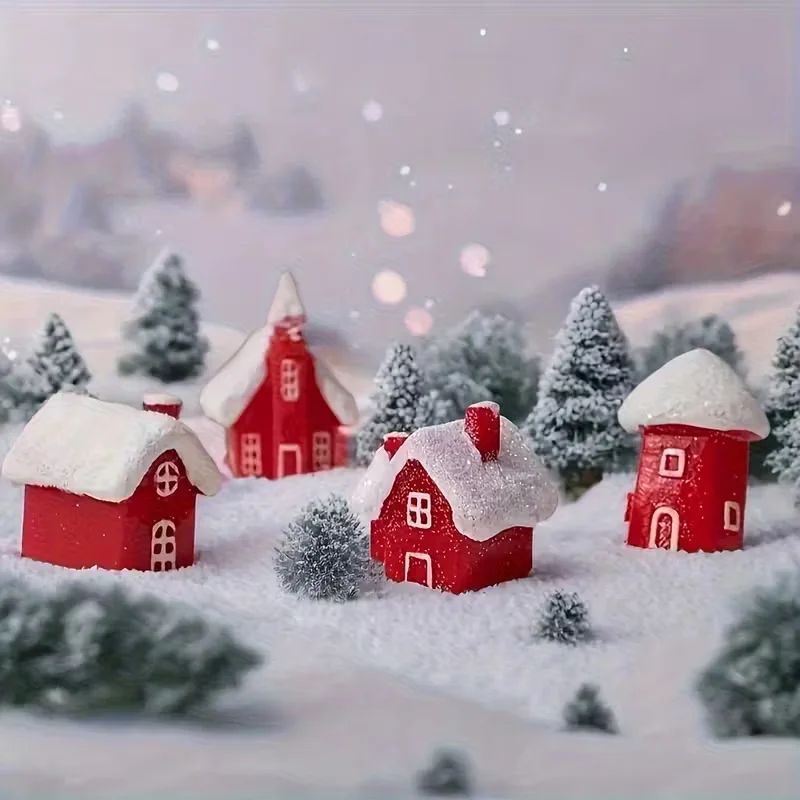 4Pcs Winter Village Snowy House Christmas Resin Miniature Re