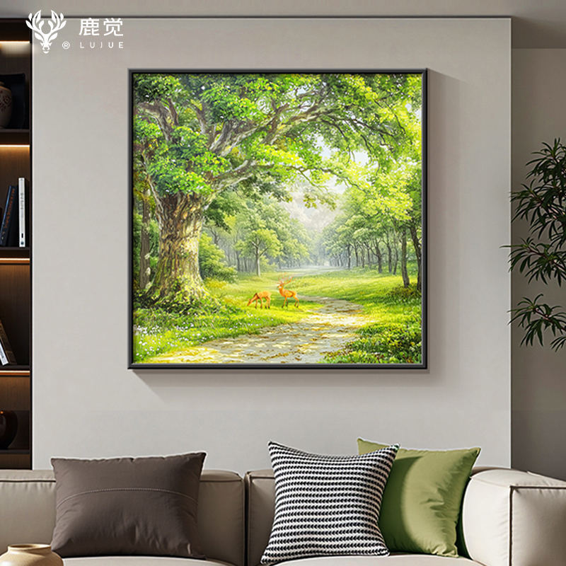 大树挂画沙发上装饰画绿色小清新客厅背景墙壁画正方形森林风景画