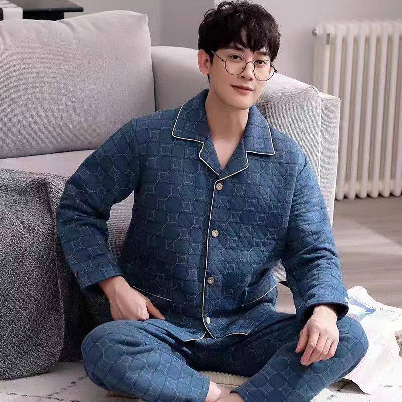 南极人100%纯棉长袖薄夹棉空气棉睡衣男保暖夹层家居服套装春秋冬