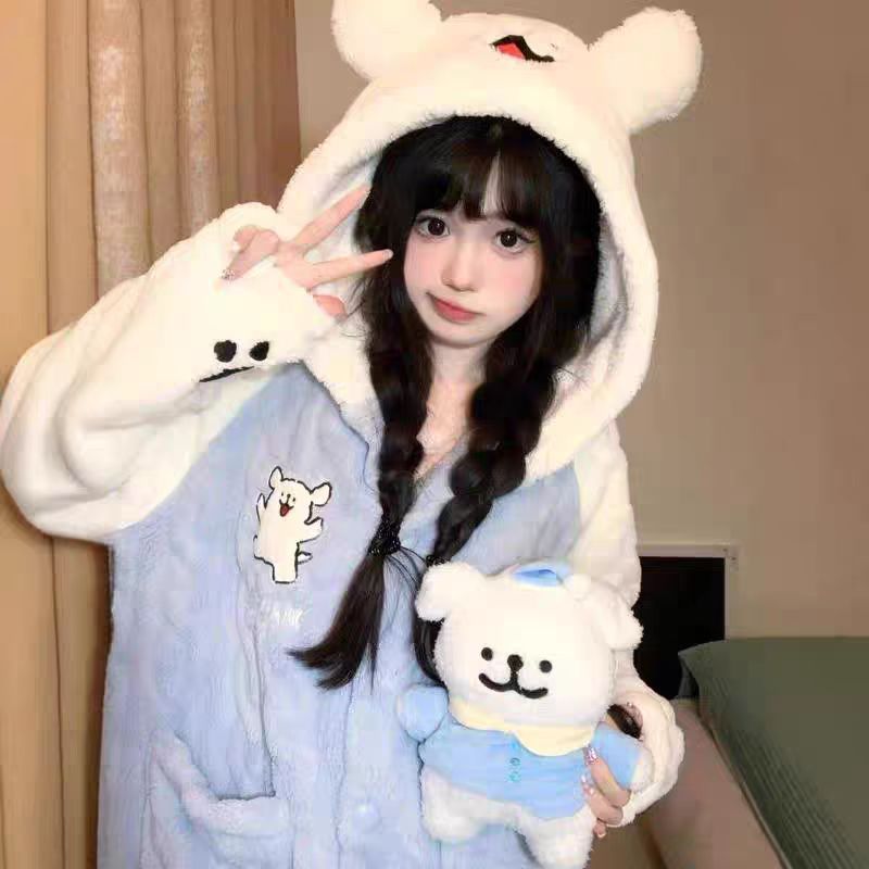 乐町同款线条狗情侣睡袍女珊瑚绒加绒加厚连帽袍套保暖外穿家居服