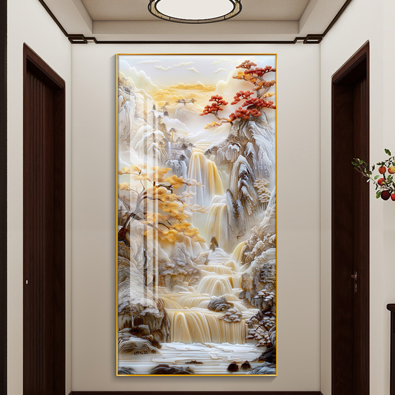 2025新款山水画竖版壁画走廊过道挂画新中式晶瓷画入户玄关装饰画