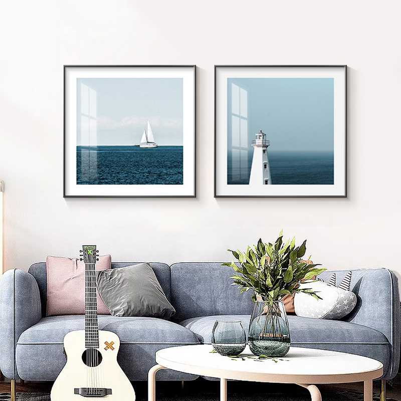 现代简约蓝色大海洋帆船水风景装饰画客厅餐厅背景墙卧室方形挂画图片