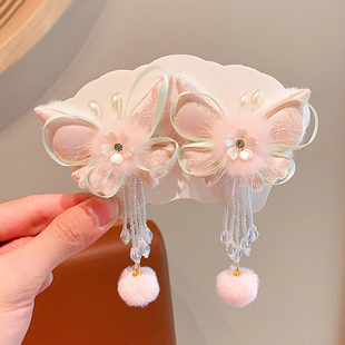 粉色汉服发饰女童古风发夹飘带流苏吊坠2025新年头饰儿童过年发卡