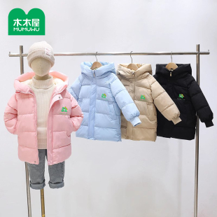 男女童連帽印花棉服時尚 潮流休閑 加絨加厚棉服中長款 木木屋新款
