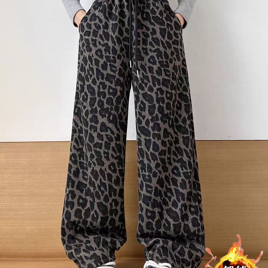 木木屋豹纹女童冬季新款儿童深秋裤子宽松中厚大童秋冬直筒休闲裤