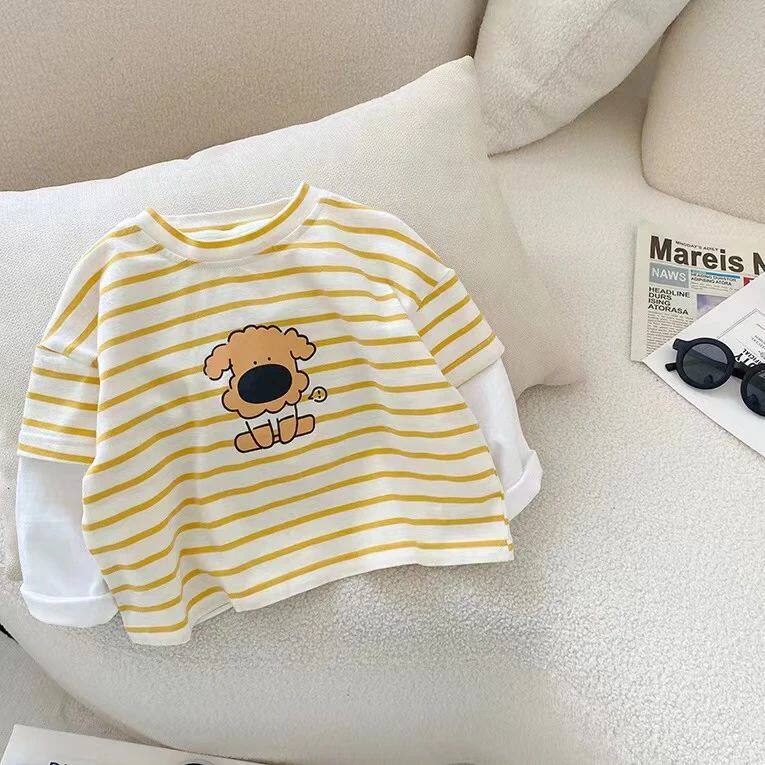 儿童长袖德绒T恤宝宝上衣打底衫条纹假两件男女童长袖韩版春秋潮