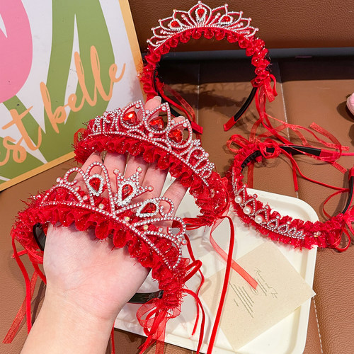 新年红色儿童皇冠发箍女童流苏公主头饰头箍宝宝百搭不勒头发饰