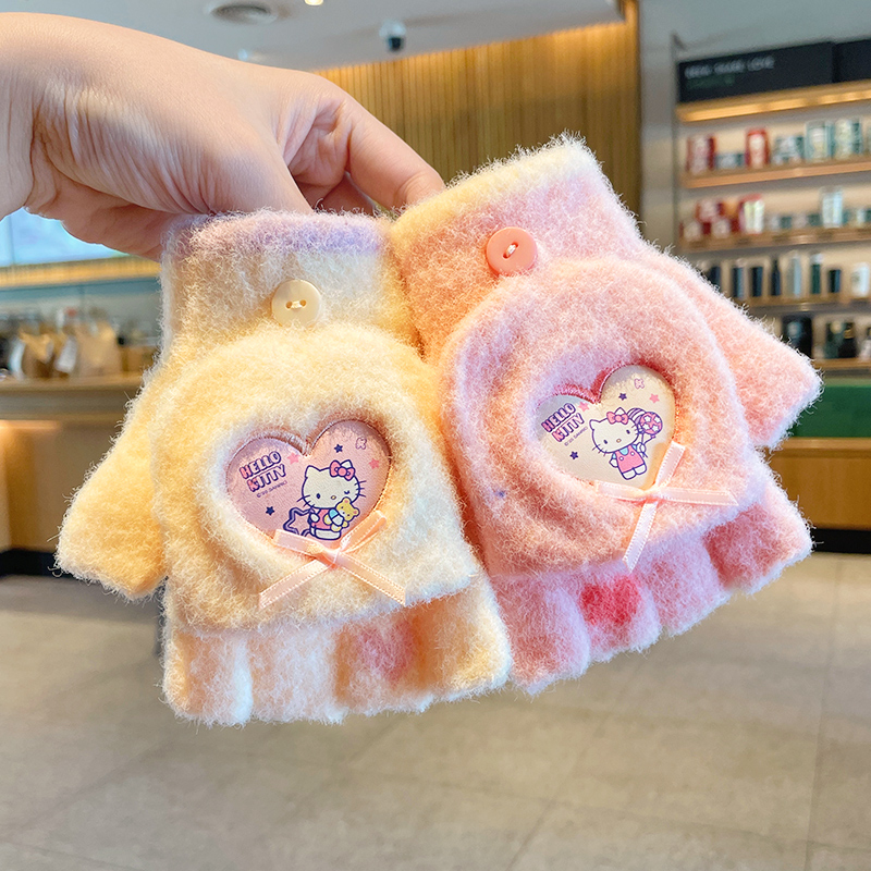 kt猫儿童卡通手套2025新款女童翻盖五指套秋冬季学生写字护手加厚