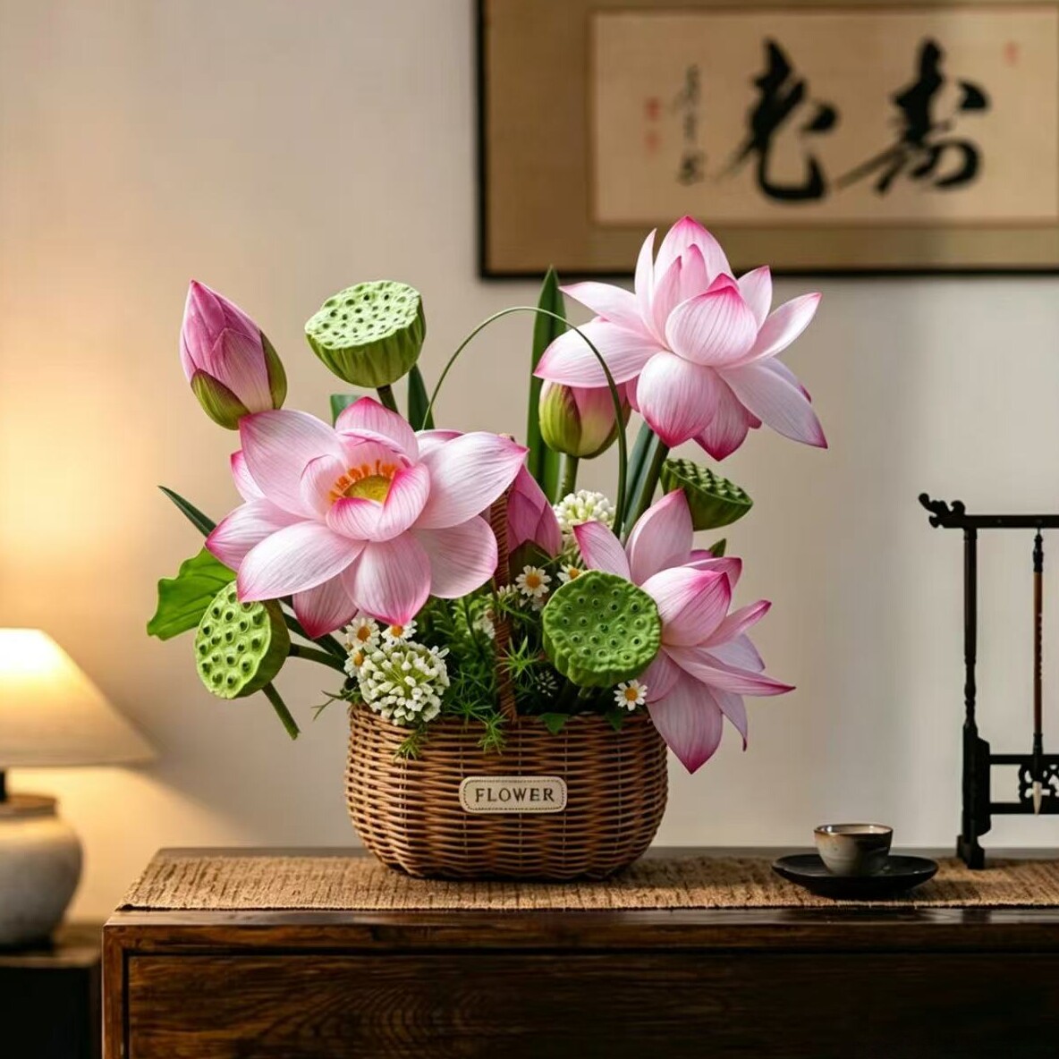 新中式仿真荷花莲蓬手提花篮图片