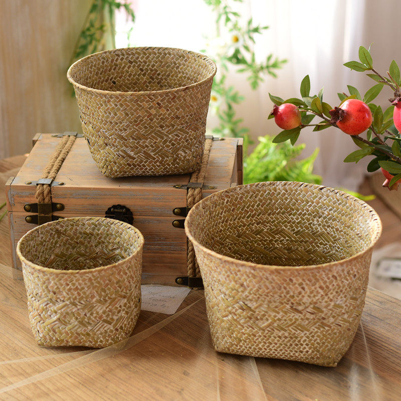 田园草编插花篮子家居装饰品手工编织篮收纳客厅藤编草帽花篮摆件