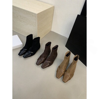 2025新款绒面拼接小短靴女春秋单靴韩系方头粗跟低跟瘦瘦靴小踝靴