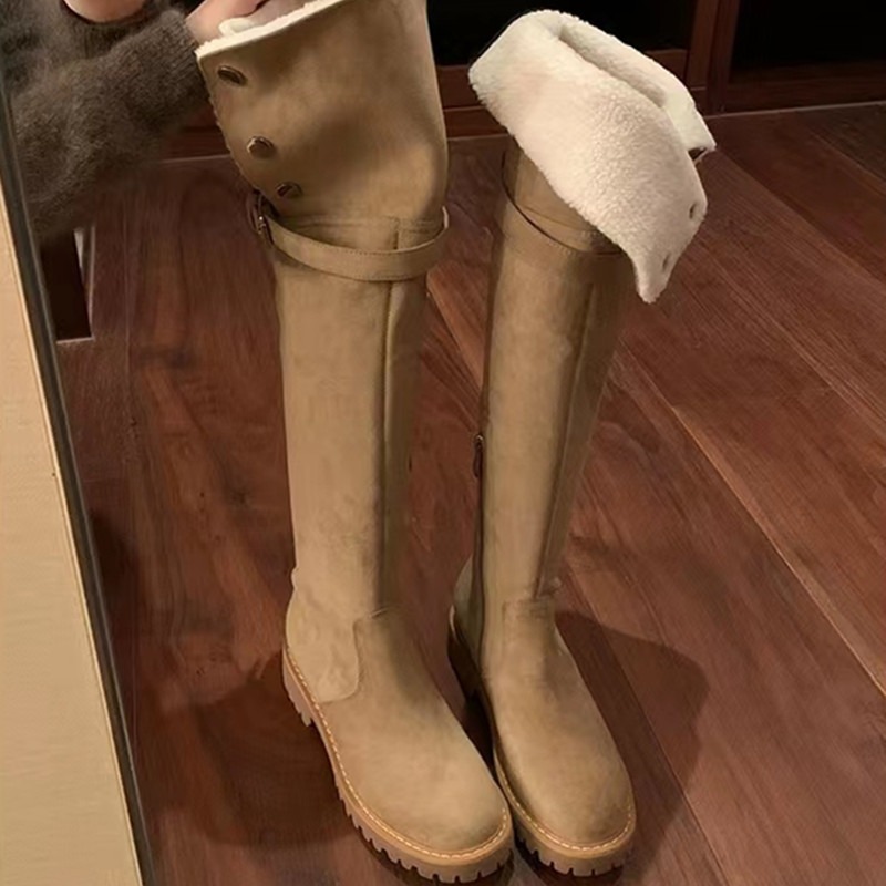 过膝长靴女秋冬季加绒复古美拉德卡其色靴子2025新款高筒长筒靴