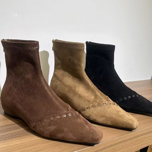 内增高爆款编织韩版小方头绒面裸靴小众短靴洋气百搭