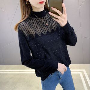 镂空满天星领欧根纱烫钻打底衫针织毛衣韩版宽松镂空秋季针织衫