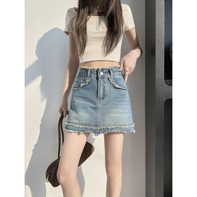 复古牛仔半身短裙女2025年夏季新款韩版高腰防走光毛边辣妹A字裙