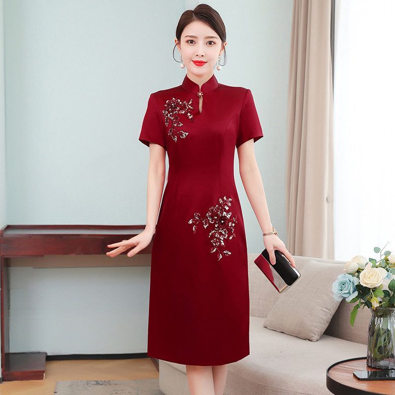 款缎礼服喜婆婆婚宴装连衣裙新式