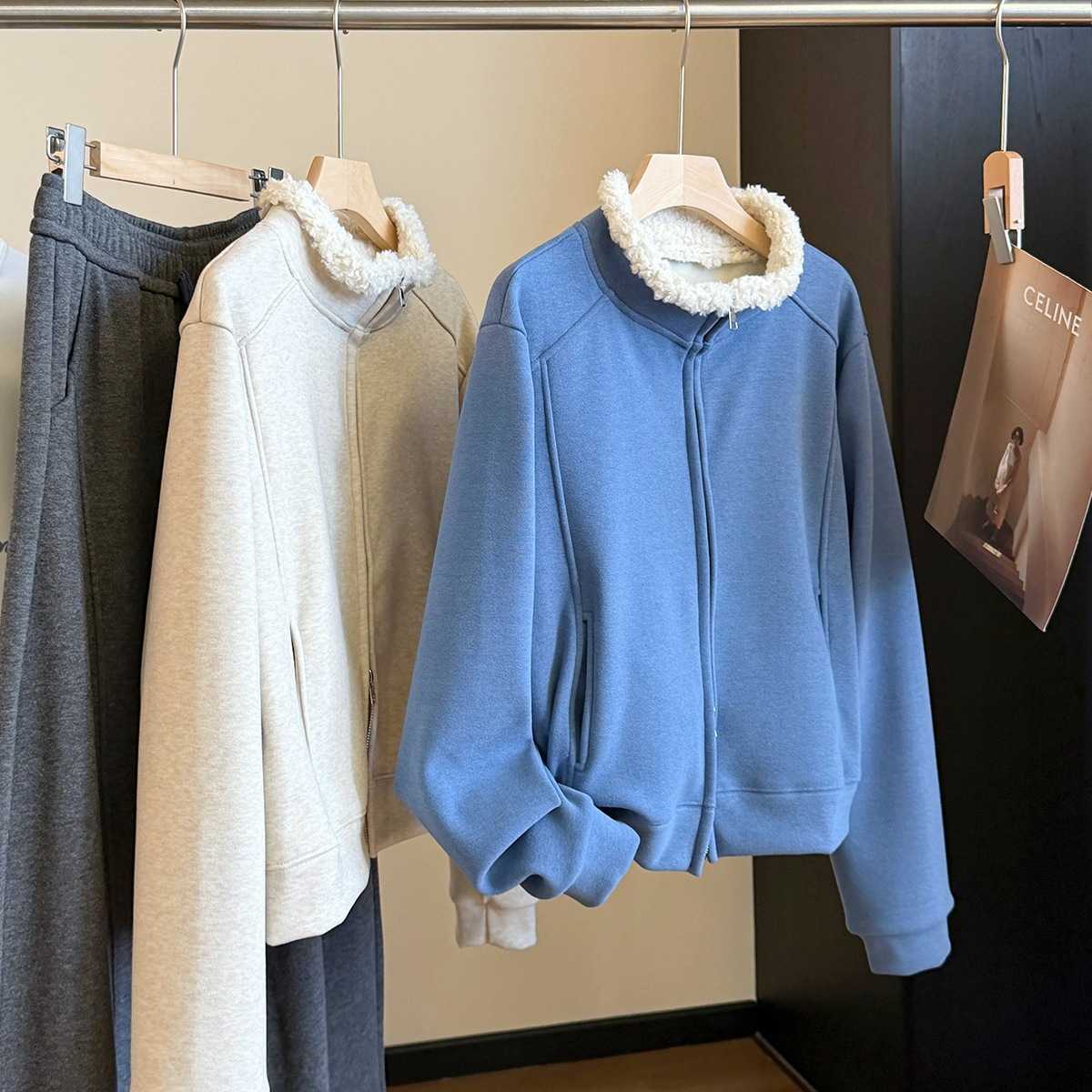 冬季新款加绒休闲毛绒领卫衣女韩版休闲立领松弛运动夹克外套上衣