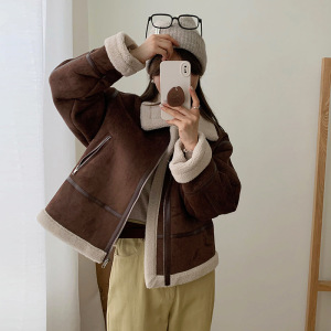 瑞昕韩系皮毛一体短款外套女冬季新款小个子翻领机车夹克上衣