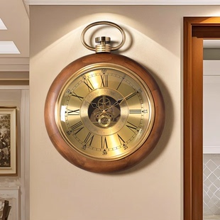 饰时钟实木轻奢高级感钟表 客厅挂墙装 美式 复古齿轮挂钟2025新款