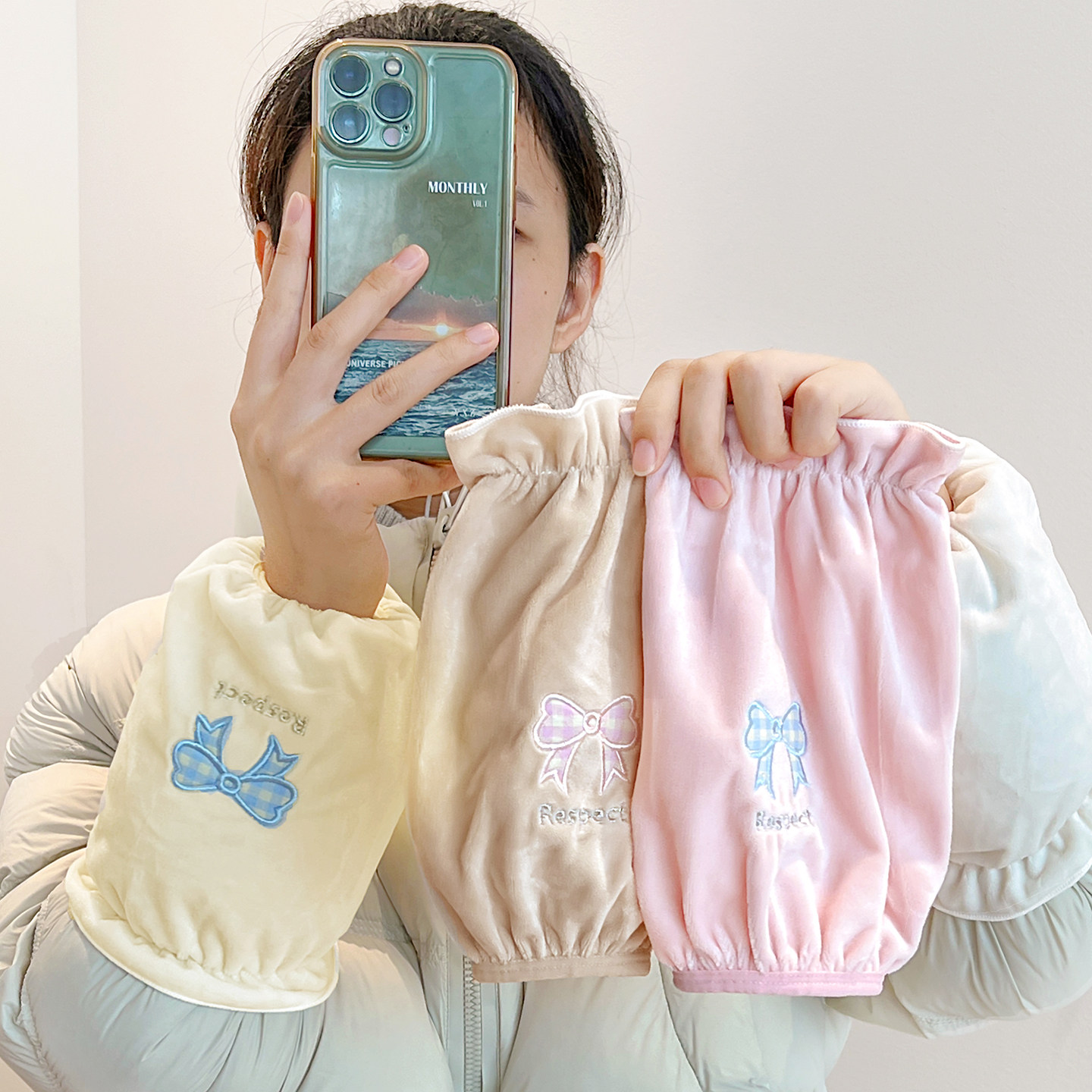 可爱蝴蝶结袖套女秋冬防污保暖羽绒服护袖口办公室学生短款套袖