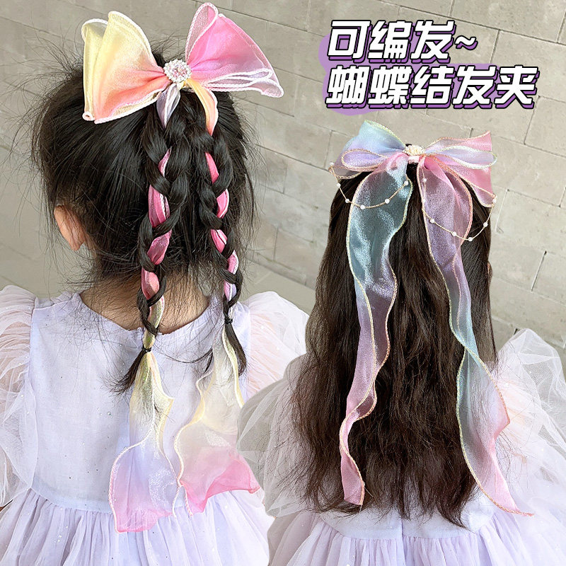 儿童发饰飘带蝴蝶结编发夹仙美网红新款公主顶发卡女童头花纱头饰