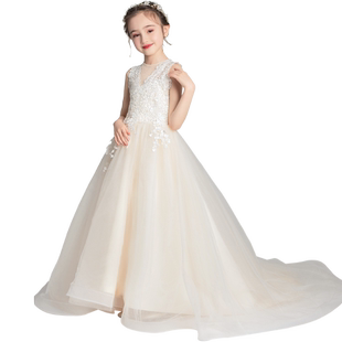 女童晚礼服公主裙儿童婚纱超长拖尾歌唱小孩模特走秀钢琴演出服春