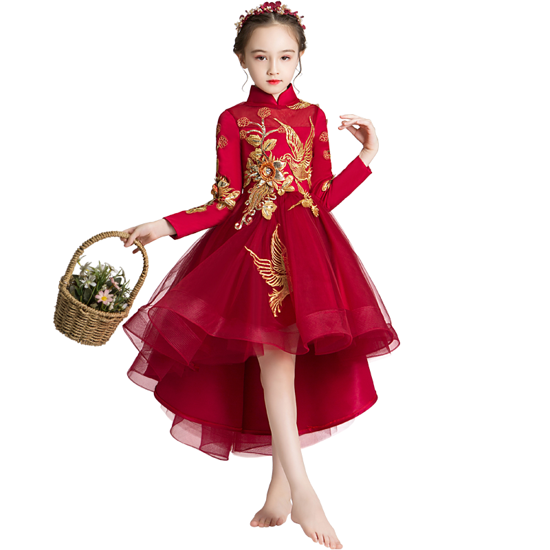 女童旗袍领拜年服儿童晚礼服公主裙中式古筝演出服中国风冬款红色