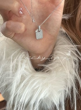 无事牌幸运方牌925银满钻方牌项链轻奢小众设计感简约锁骨链
