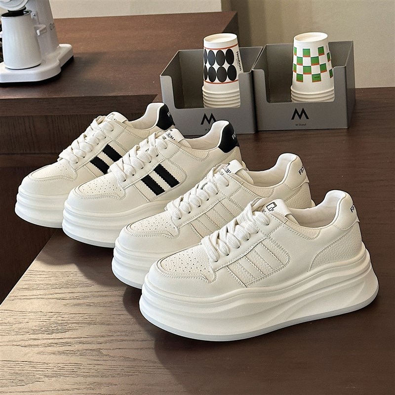 真皮厚底小白鞋女2024新款爆款时尚百搭秋款小个子增高女鞋松糕鞋