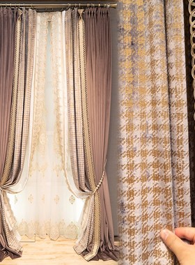 高端别墅轻奢卧室窗帘绒布胶印新款阳G台遮光窗纱法式落地紫色拼