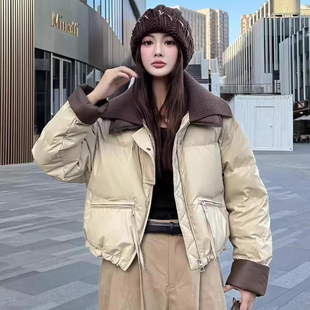 2024欧货针织翻领短款羽u绒棉服女冬季新款拼接爆款棉衣棉袄外套